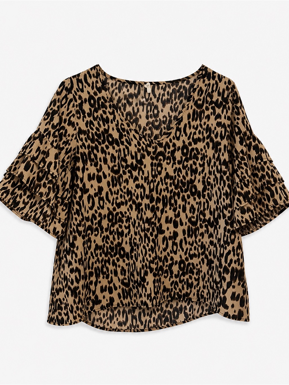Womens Leopard Print V-Neck Ruffle Sleeve Blouse - Brown/Black